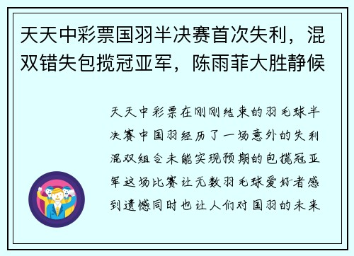 天天中彩票国羽半决赛首次失利，混双错失包揽冠亚军，陈雨菲大胜静候戴 - 副本