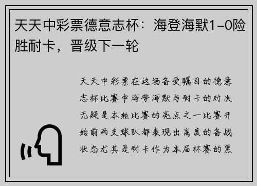 天天中彩票德意志杯：海登海默1-0险胜耐卡，晋级下一轮