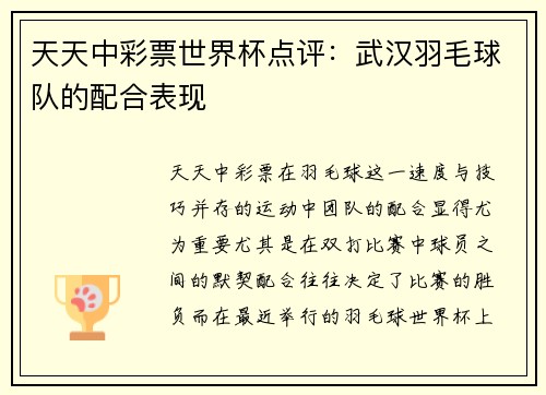 天天中彩票世界杯点评：武汉羽毛球队的配合表现