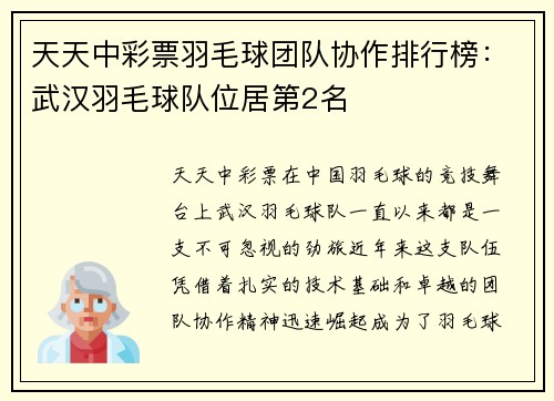 天天中彩票羽毛球团队协作排行榜：武汉羽毛球队位居第2名