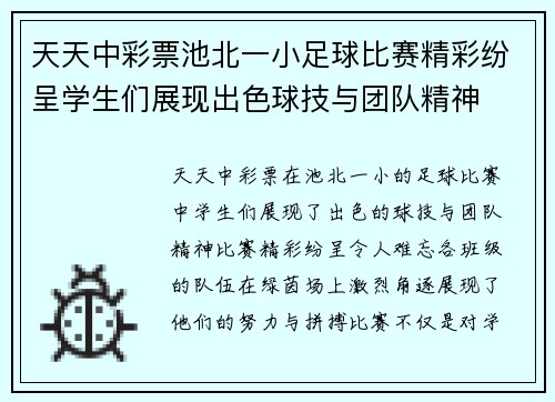 天天中彩票池北一小足球比赛精彩纷呈学生们展现出色球技与团队精神